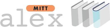 Logotyp Mitt Alex som visar namnet i vitt och orange följt av tre stiliserade böcker med grå och orange ryggar