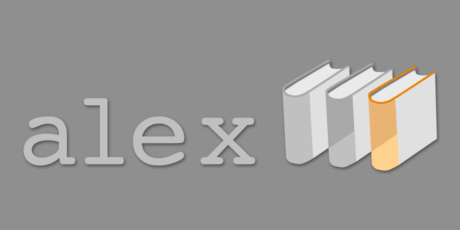 Alex logotyp med grå text mot mörkgrå bakgrund följt av tre bokryggar