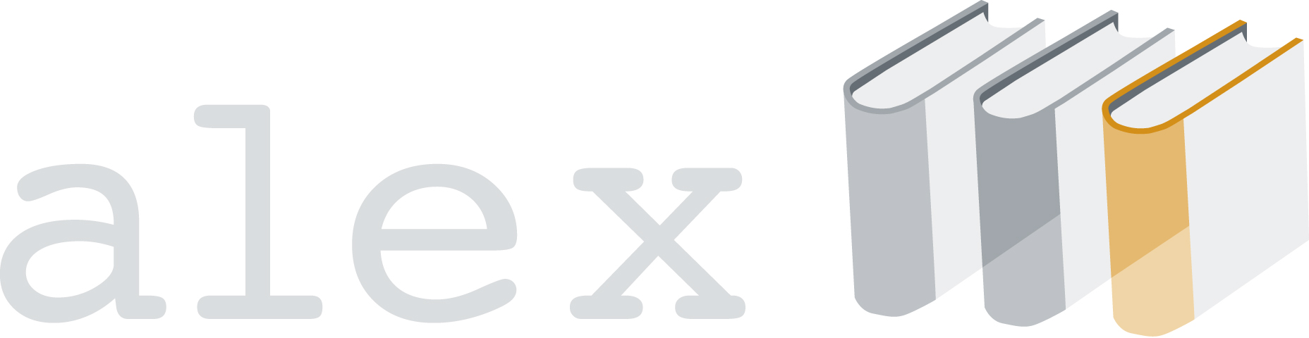 Alex logotyp med Alex i grå text följt av tre bokryggar