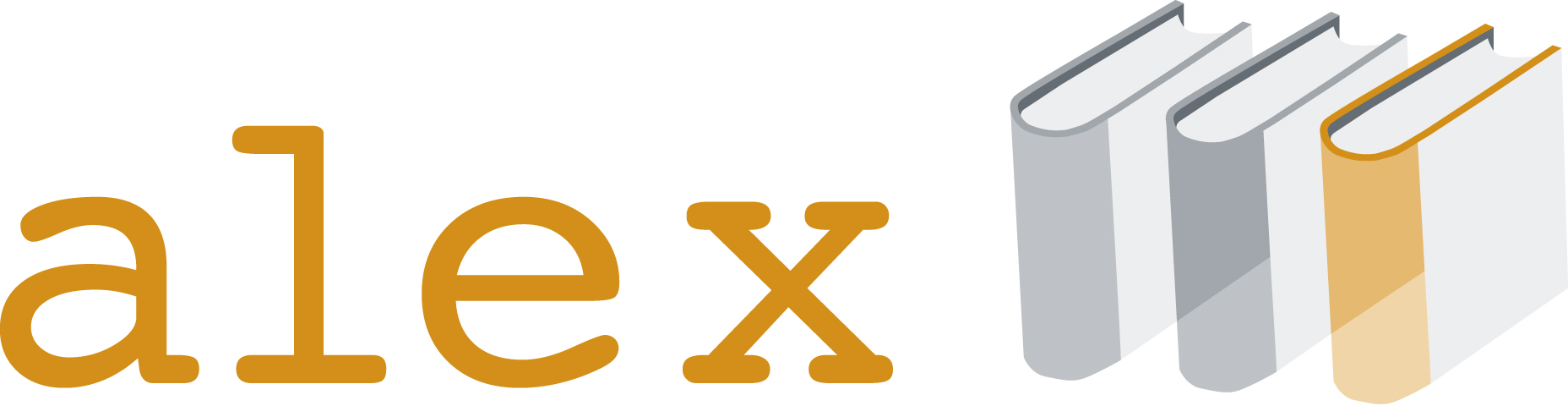 Alex logotyp med Alex i orange text följt av tre bokryggar