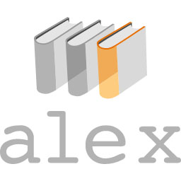 Alex logotyp med Alex i grå text under tre bokryggar